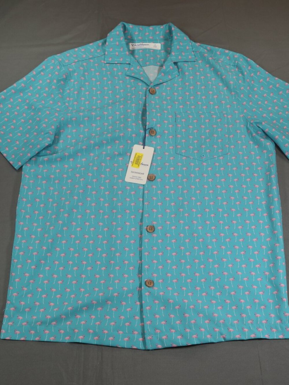 Caribbean Swimwear Men’s S Flamingo All Over Print Button-Up Shirt Turquoise NWT